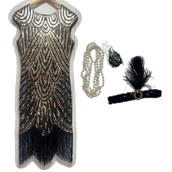 Flapper Costume Black Gold Sequins 1920s Set Size Medium - Picture 1 of 8